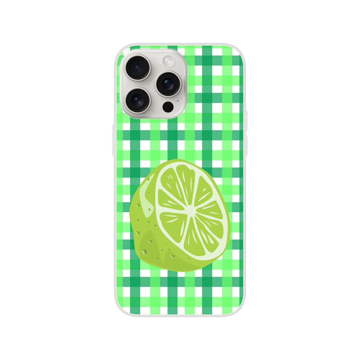 Cute lime gingham iPhone case (13-16) in green aesthetic with lime slice accent.