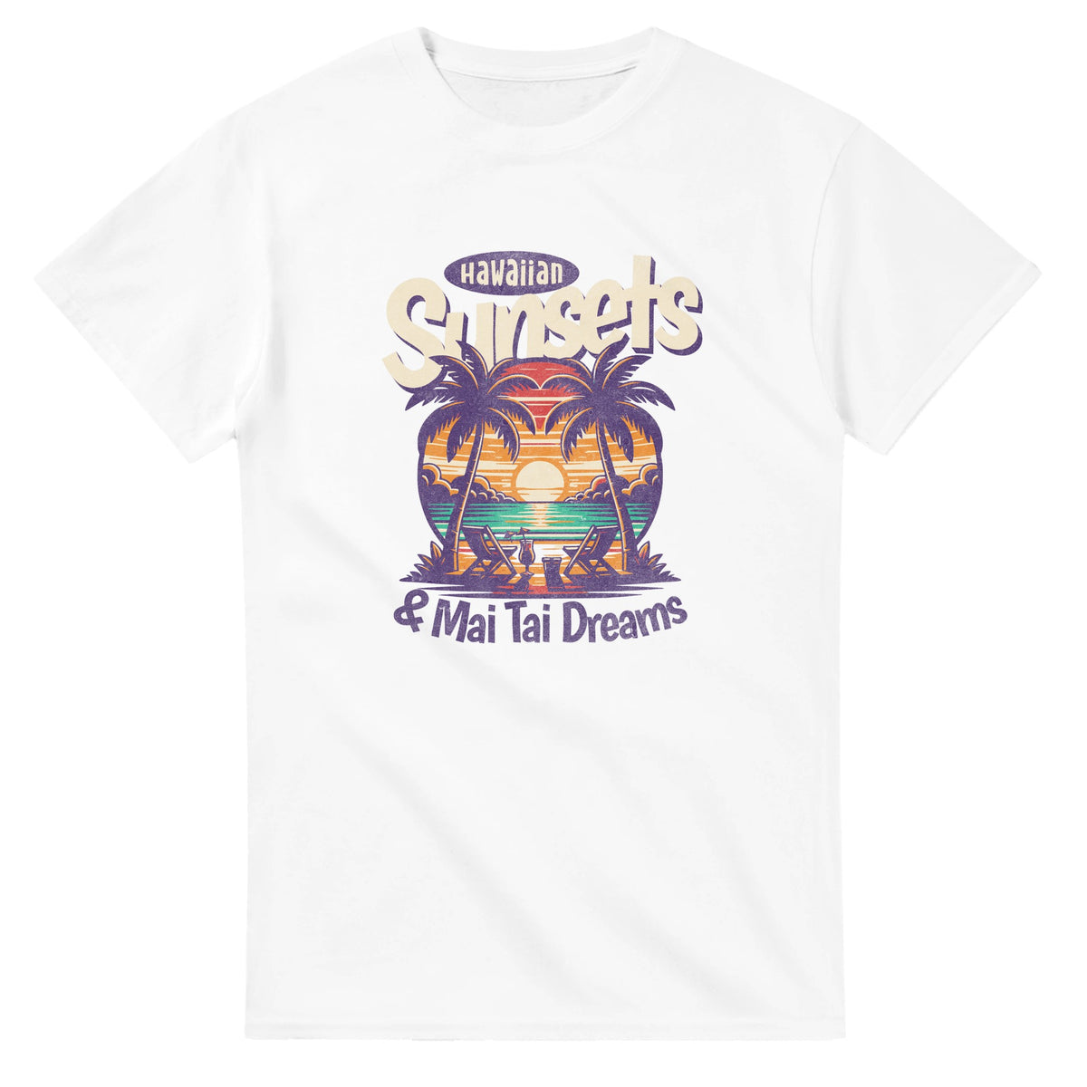 Mai Tai Dreams women's graphic tee with sunset, palm trees, and ocean motif on white cotton blend.