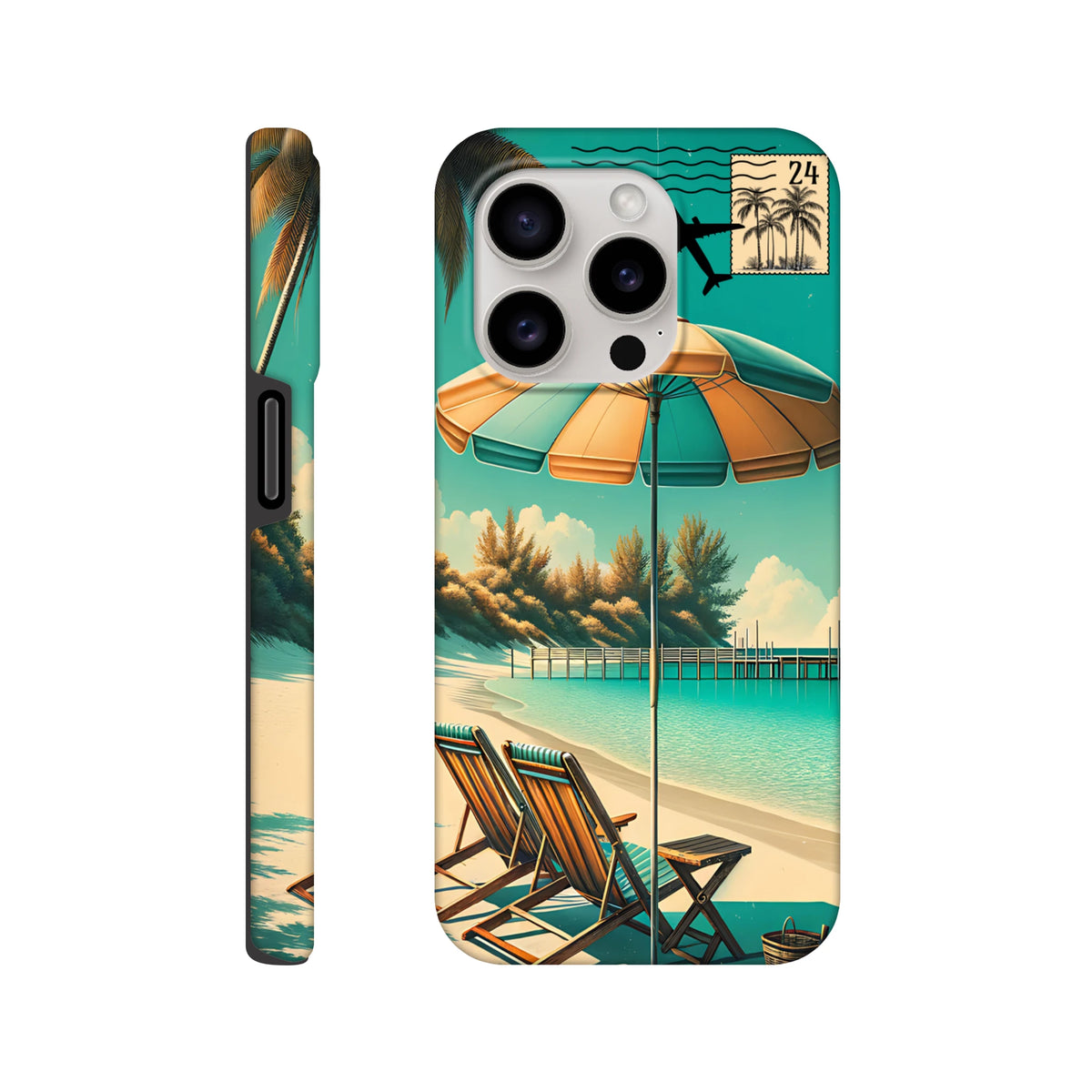 Vintage coastal iPhone case featuring retro beach chairs, striped umbrella, pier, and tropical postmark stamp design.