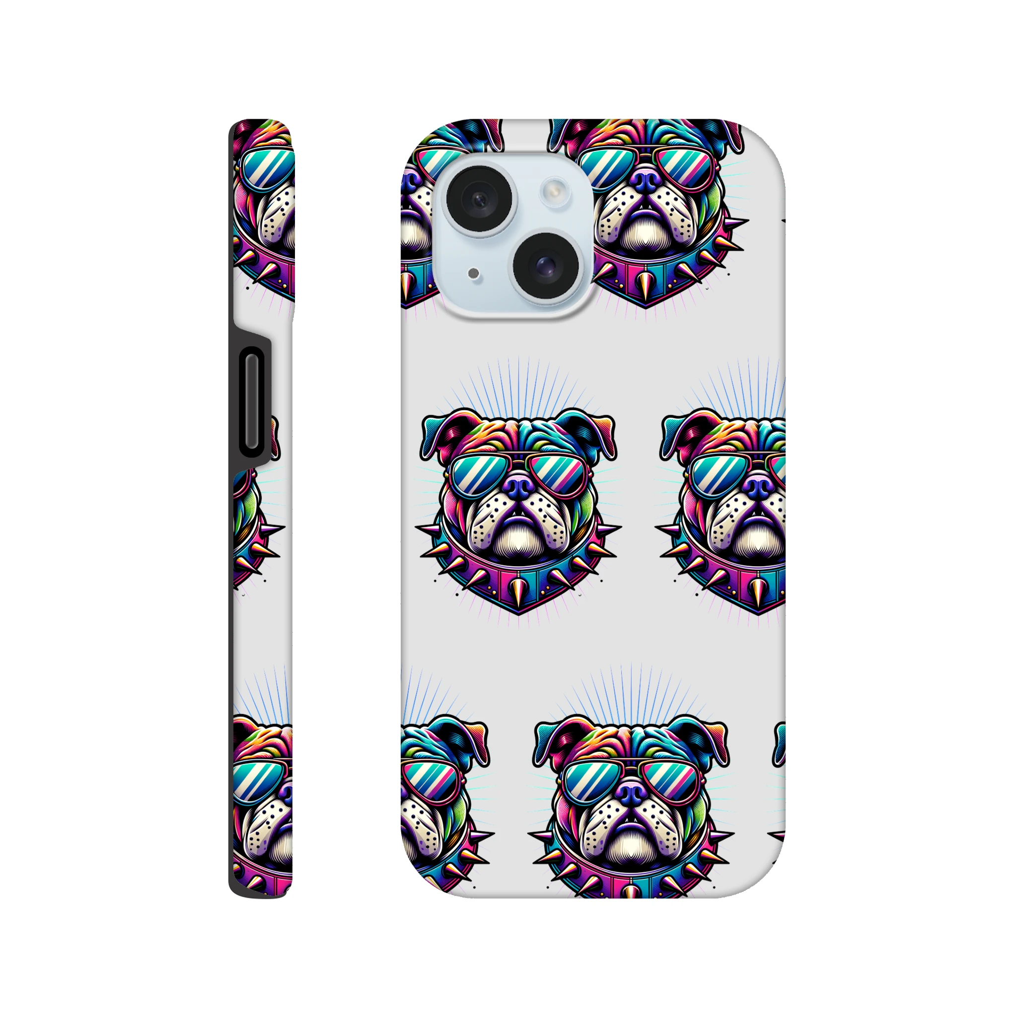 Bull Dog phone case with sunglasses and spiked collar, wraparound print, glossy protection for iPhone 16–13