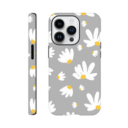 Grey iPhone case featuring scattered white daisies with yellow centers on a utilitarian grey background.