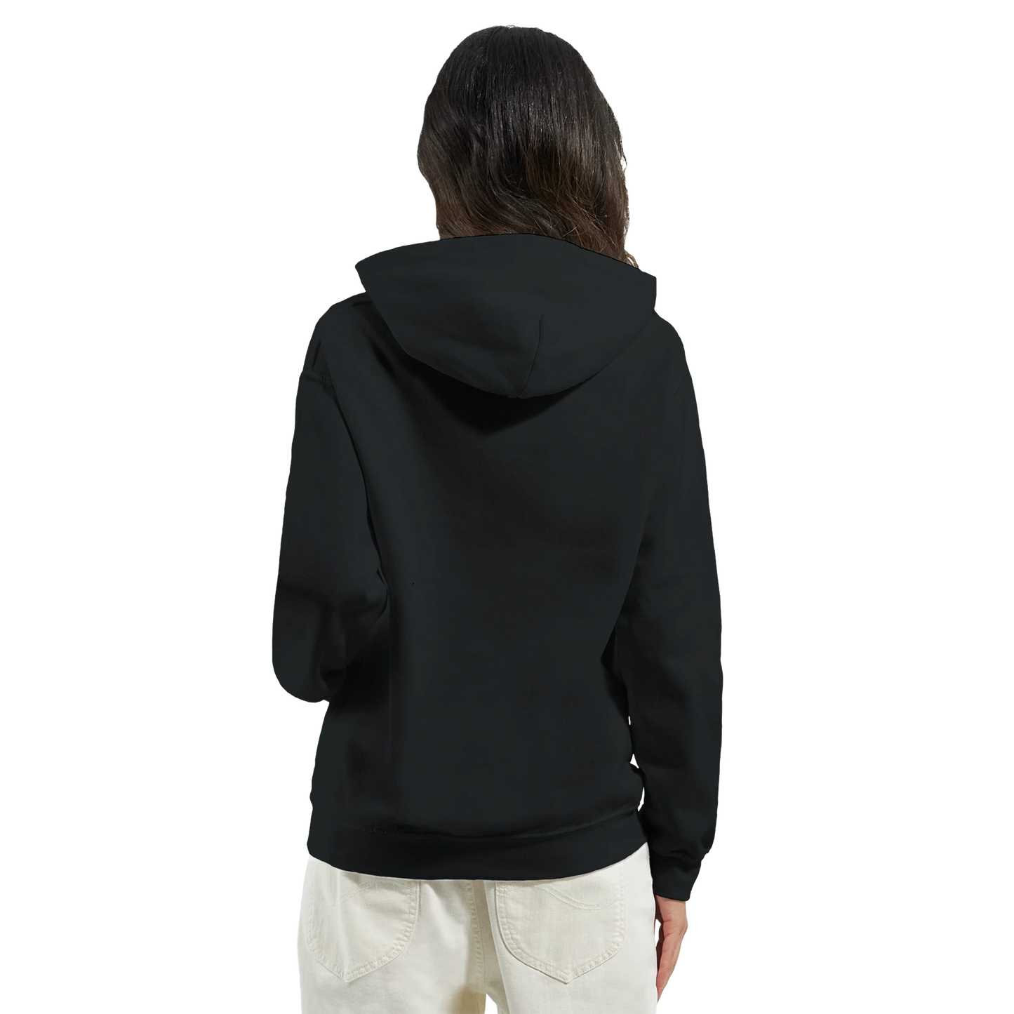 Back view of a woman in a black heavy-blend cowgirl hoodie with a hood.