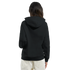 Back view of a woman in a black heavy-blend cowgirl hoodie with a hood.