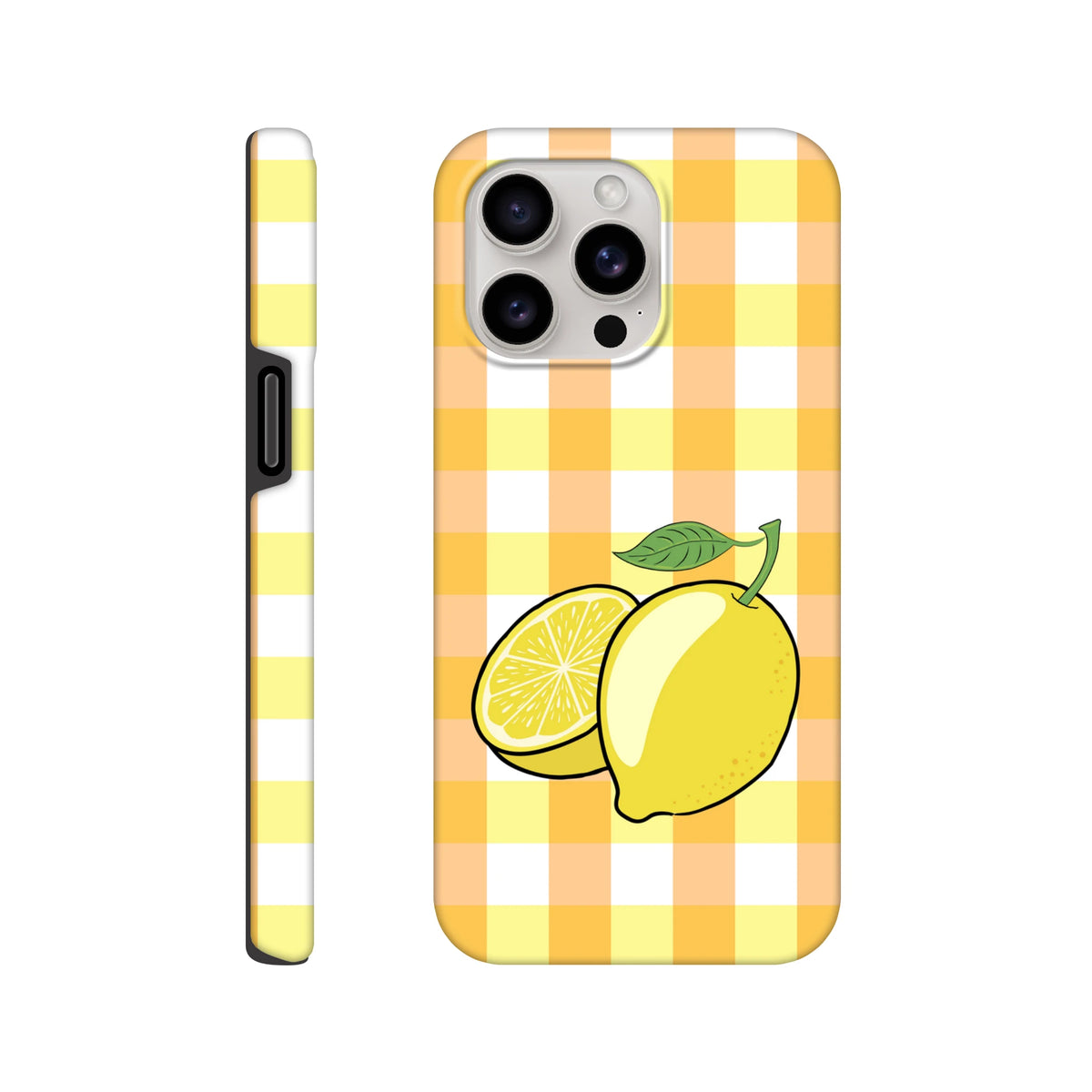 Yellow and peach gingham iPhone case featuring a whole lemon and slice illustration with tough drop protection design.