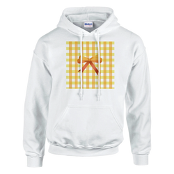 White hoodie featuring a yellow gingham square design with an orange bow, capturing a cute coquette aesthetic for women.
