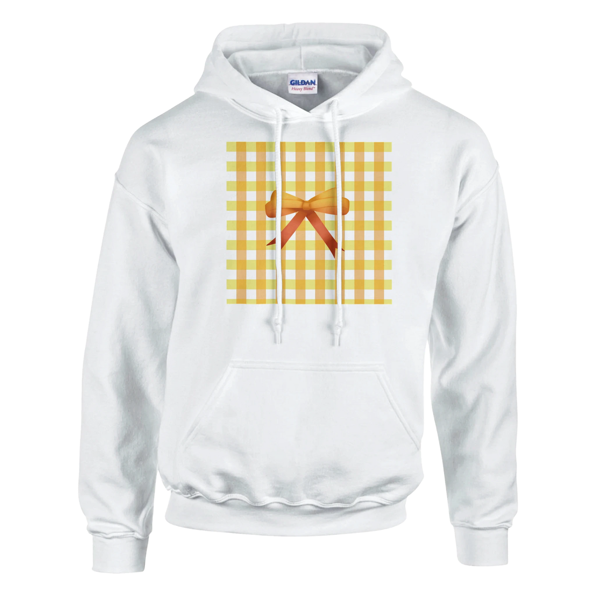 White hoodie featuring a yellow gingham square design with an orange bow, capturing a cute coquette aesthetic for women.