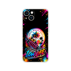 Low Life car culture iPhone case featuring Urban Palm Trees sunset, pink coilover shock, spray paint splatter, and bold graffiti text.