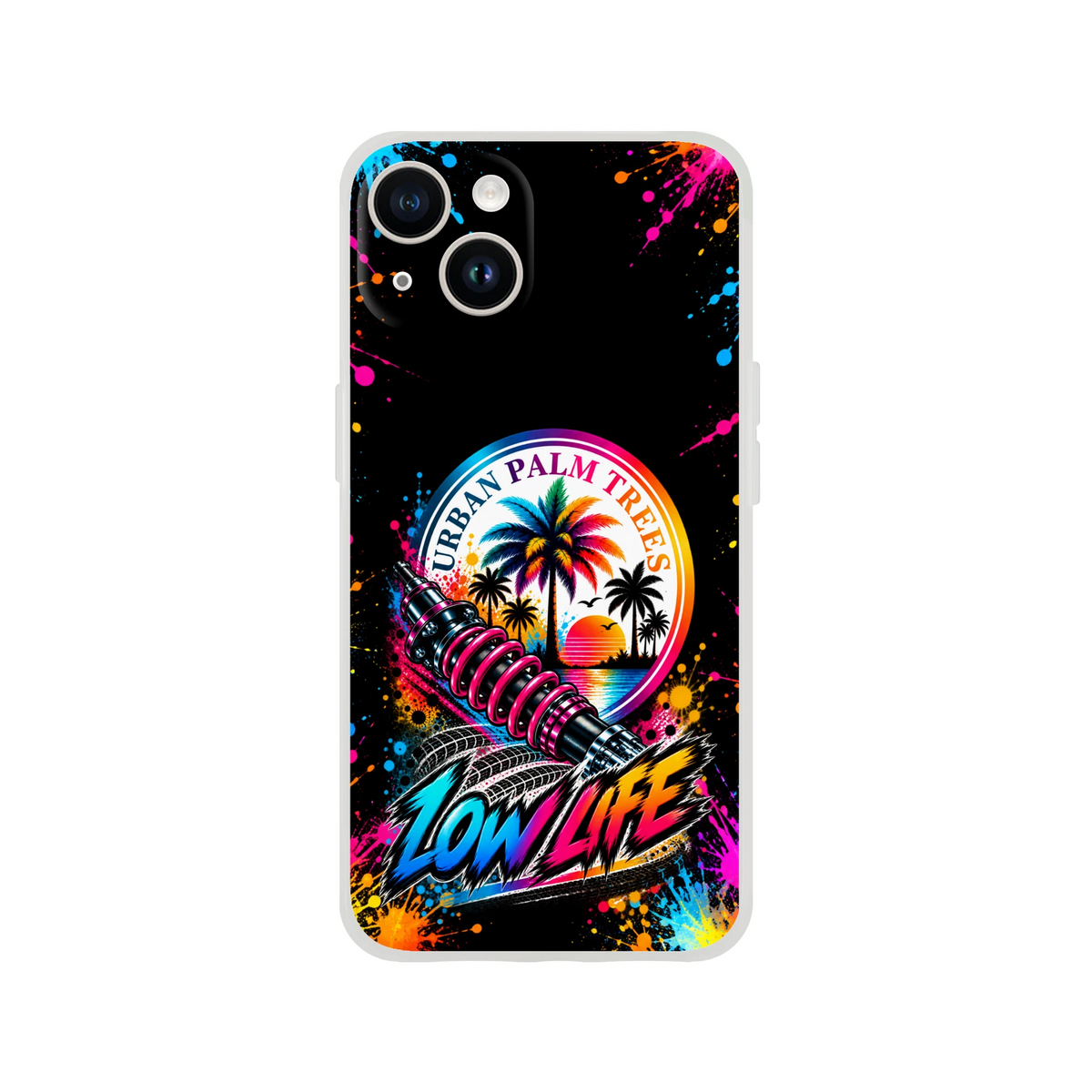 Low Life car culture iPhone case featuring Urban Palm Trees sunset, pink coilover shock, spray paint splatter, and bold graffiti text.