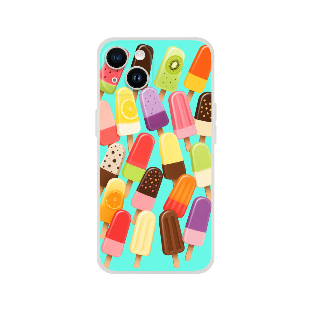 Retro summer popsicle iPhone case featuring colorful ice lolly pattern on turquoise background. Shock-absorbing TPU phone cover.
