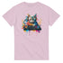 Pink Cat DJ graphic tee: colorful cat with headphones at a DJ mixer amid rainbow paint splashes.