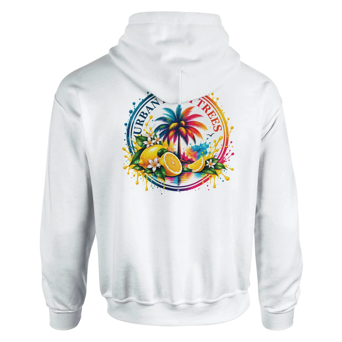 White hoodie featuring a vibrant retro back print of a colorful palm tree, yellow lemons, and tropical floral splashes.