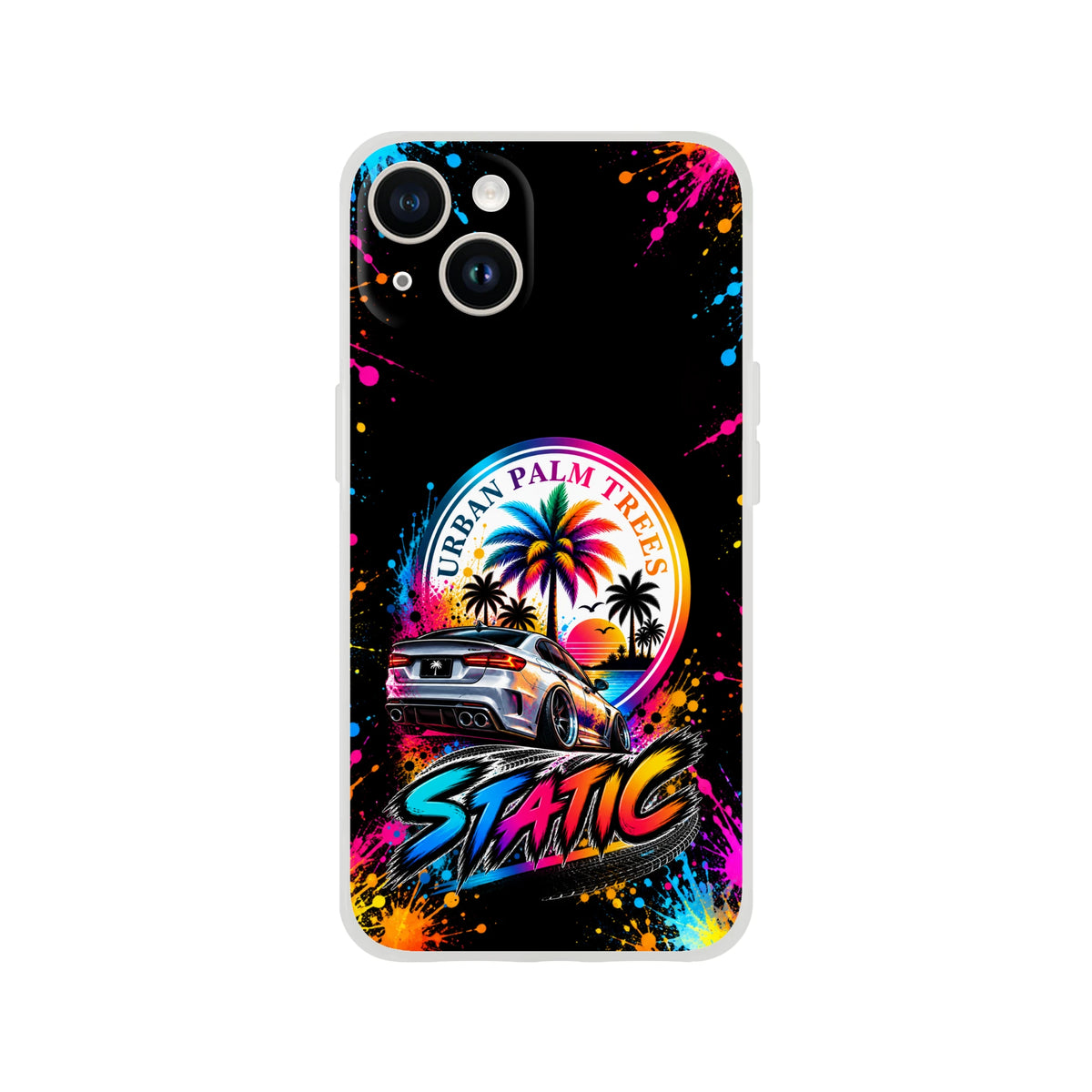 Static SLammed car iPhone case featuring a silver lowered sedan, urban palm trees, and vibrant neon paint splashes on a black background.