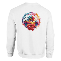 White sweatshirt back print features colorful retro tropical sunset with palm trees, glossy red lips, and cherries.
