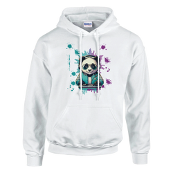 Panda DJ graphic hoodie: panda wearing headphones at a turntable with teal and purple paint splats.