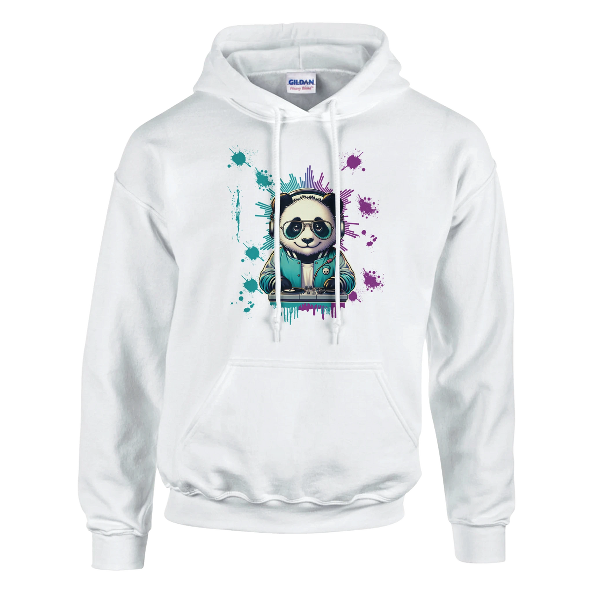 Panda DJ graphic hoodie: panda wearing headphones at a turntable with teal and purple paint splats.