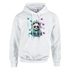 Panda DJ graphic hoodie: panda wearing headphones at a turntable with teal and purple paint splats.