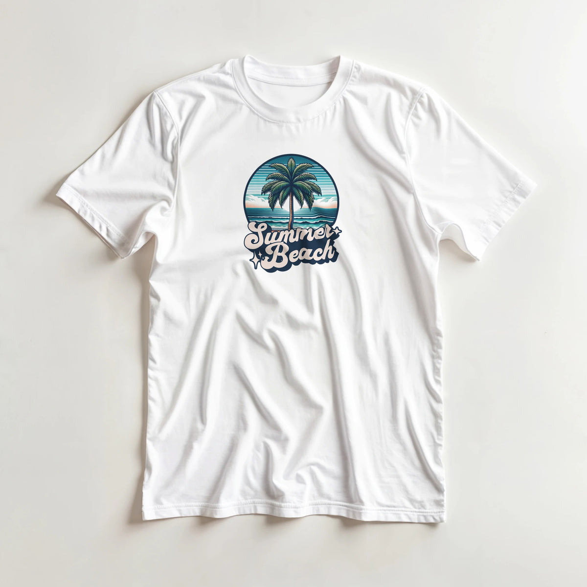 White women's graphic tee with circular tropical beach scene, palm tree, and 'Summer Beach' text.