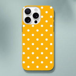 Orange and white polka dot tough iPhone case with shock-absorbing TPU shell for models 13-16.