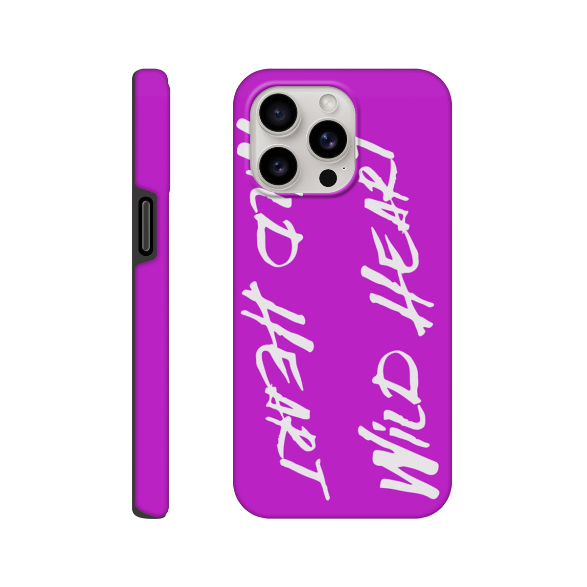 Vivid purple tough iPhone case featuring white "Wild Heart" vertical slogan print with shock-absorbing urban protection for iPhone 13-16.