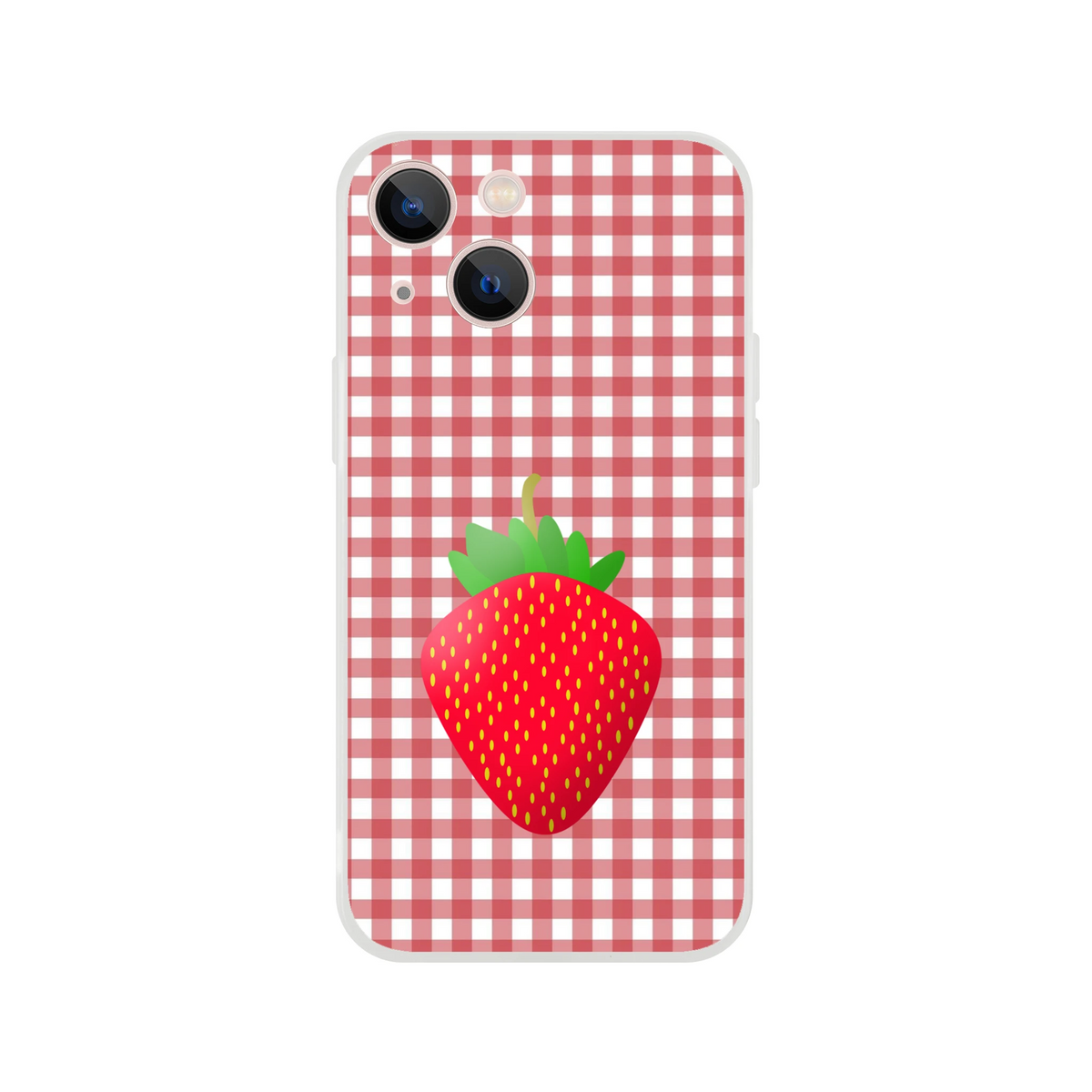 Cute strawberry gingham iPhone case (13-16) in pink aesthetic with matte finish and strawberry print.