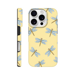 Yellow iPhone case featuring a cute blue dragonfly pattern on a pale yellow background. Durable phone cover for drop protection.
