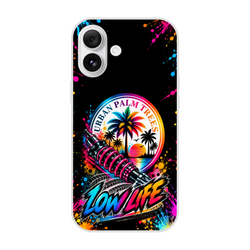 Low life car culture iPhone case featuring a colorful shock absorber, palm trees, and "Low Life" graffiti text on a splatter background.