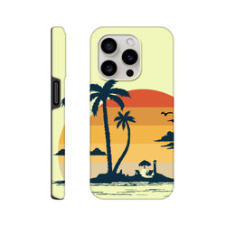 Retro tropical sunset iPhone case featuring palm tree silhouettes, beach chairs, and a lighthouse against a gradient sky.