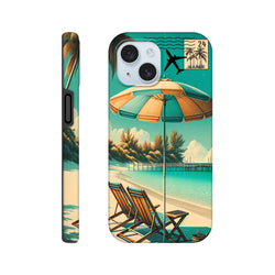 Vintage iPhone case featuring retro beach holiday art with deck chairs, umbrella, and tropical stamp design for coastal style.