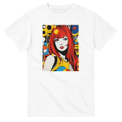White t-shirt featuring a colorful retro pop art girl graphic with red hair and bold 70s geometric patterns.