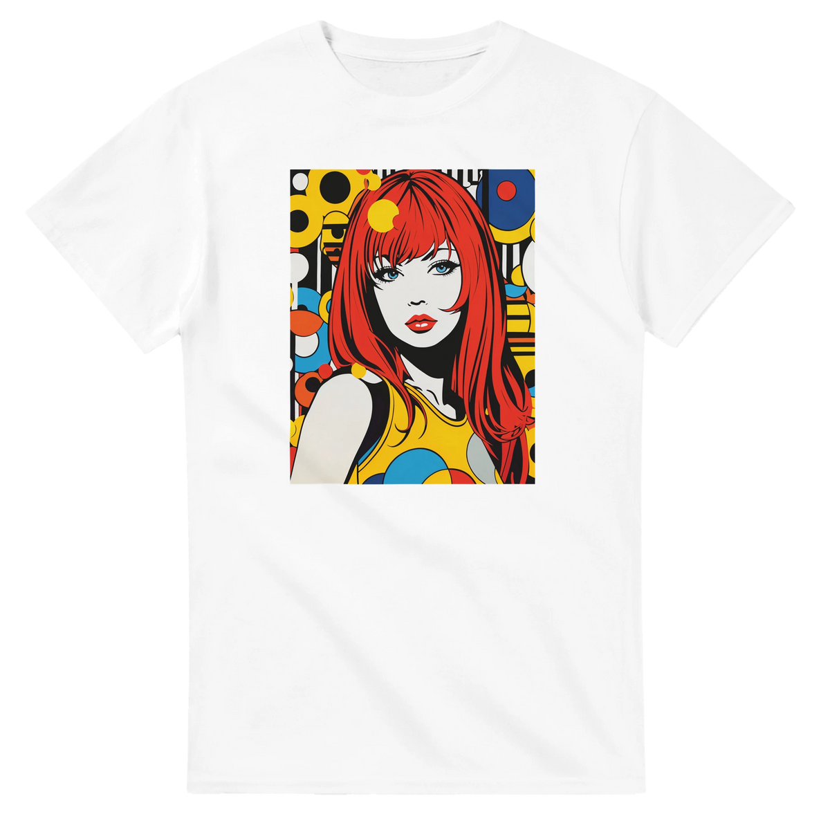 White t-shirt featuring a colorful retro pop art girl graphic with red hair and bold 70s geometric patterns.