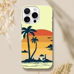 Retro tropical sunset iPhone case featuring palm tree silhouettes, beach chairs, and a lighthouse against a layered orange gradient sky.