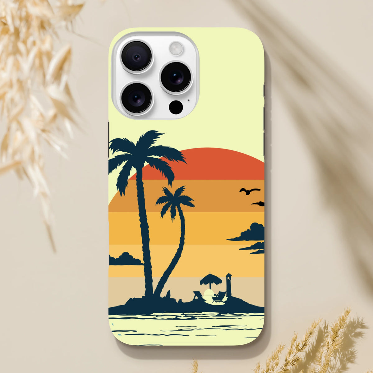 Retro tropical sunset iPhone case featuring palm tree silhouettes, beach chairs, and a lighthouse against a layered orange gradient sky.