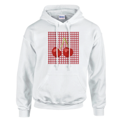 White hoodie featuring red cherry graphic on gingham square. Retro vintage fruit pullover for women.