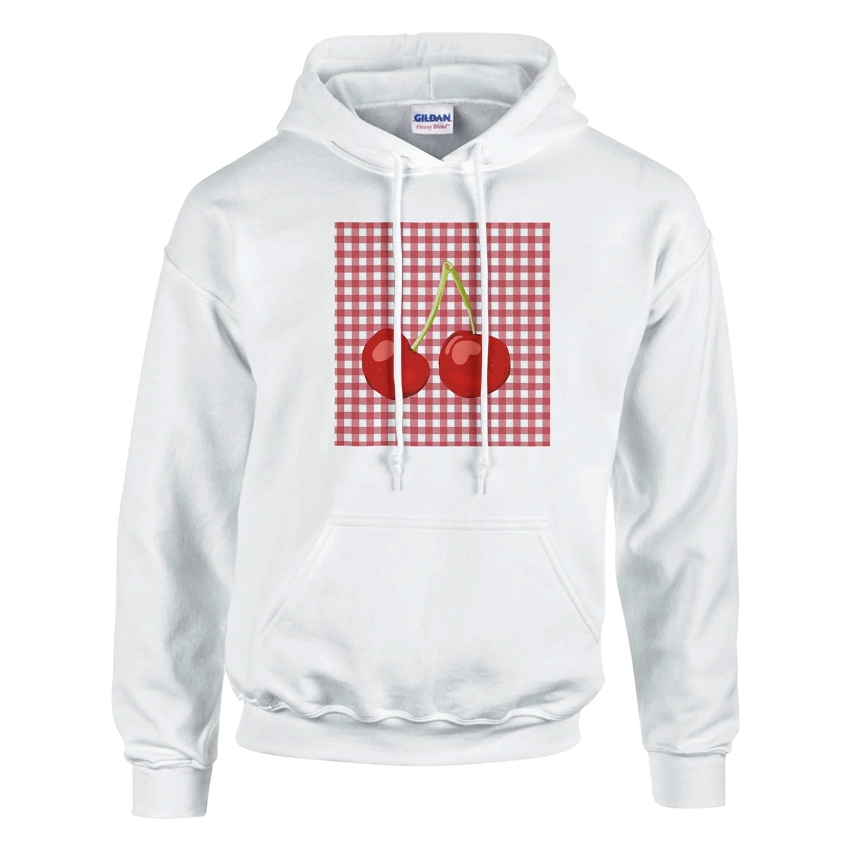 White hoodie featuring red cherry graphic on gingham square. Retro vintage fruit pullover for women.