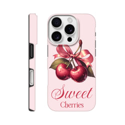 Pink iPhone case featuring retro red cherries tied with a vintage bow and Sweet Cherries text.