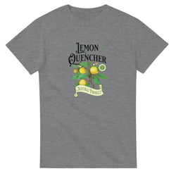 Grey women's graphic tee with Lemon Quencher lemon tree design and Natural Product ribbon.