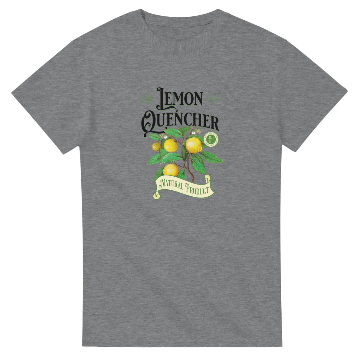 Grey women's graphic tee with Lemon Quencher lemon tree design and Natural Product ribbon.