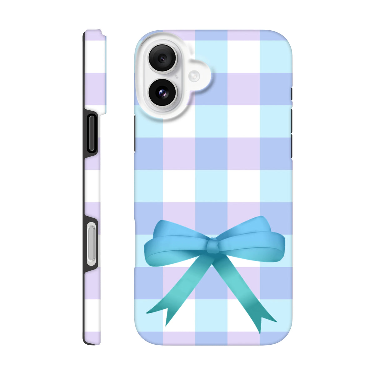 Blue and purple gingham iPhone case featuring a large teal satin bow. Cute coquette tough phone cover for modern streetwear style.