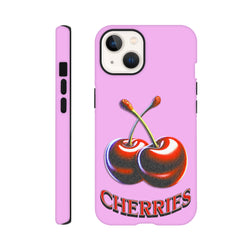Pink iPhone case featuring retro red cherries and "CHERRIES" text in a Y2K style. Tough protective cover for everyday use.