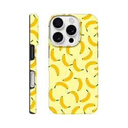 Yellow banana pattern tough iPhone case featuring a playful fruit design with wraparound protection and a bold, cheerful aesthetic.