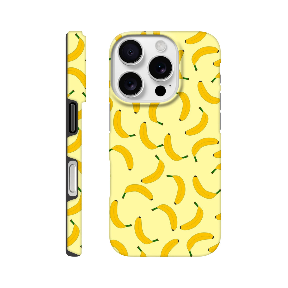 Yellow banana pattern tough iPhone case featuring a playful fruit design with wraparound protection and a bold, cheerful aesthetic.