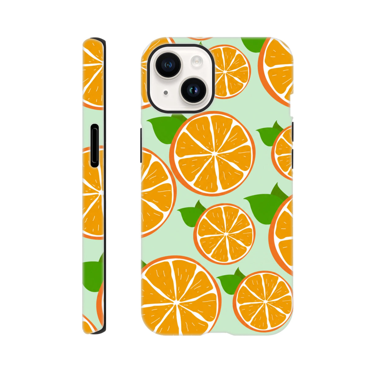 Tough iPhone case featuring a vibrant pattern of orange slices and green leaves on a mint background for drop-proof protection.