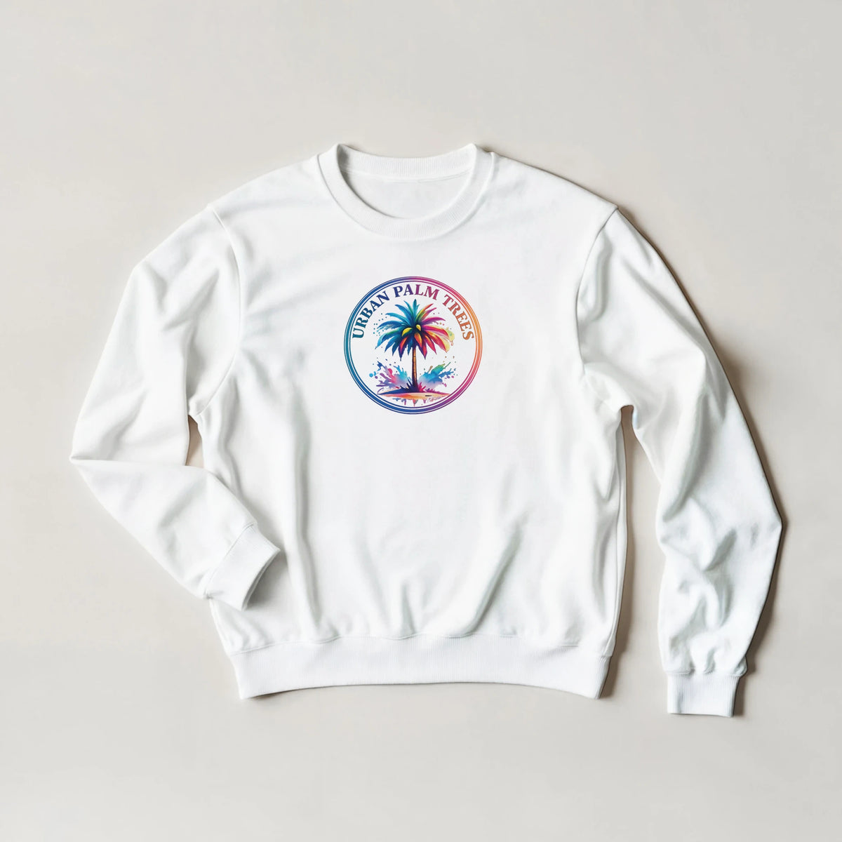 White sweatshirt featuring a colorful circular palm trees graphic.