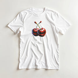 White women's graphic tee featuring a bold double-cherry print on the chest.