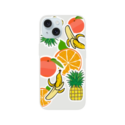 Transparent iPhone case featuring tropical fruit sticker art with oranges, bananas, and pineapples in a bold streetwear style.