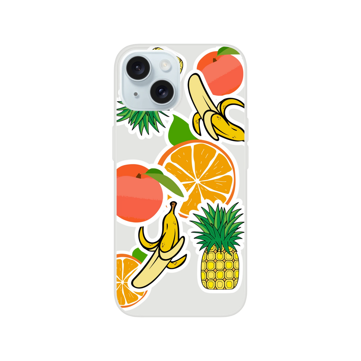 Transparent iPhone case featuring tropical fruit sticker art with oranges, bananas, and pineapples in a bold streetwear style.