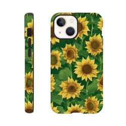 Tough sunflower iPhone case featuring a bold yellow floral print on green leaves, providing everyday drop protection for streetwear style.