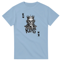 Light blue men's gothic streetwear tee featuring a King Skull poker card graphic with a crowned skeleton and leather jacket design.