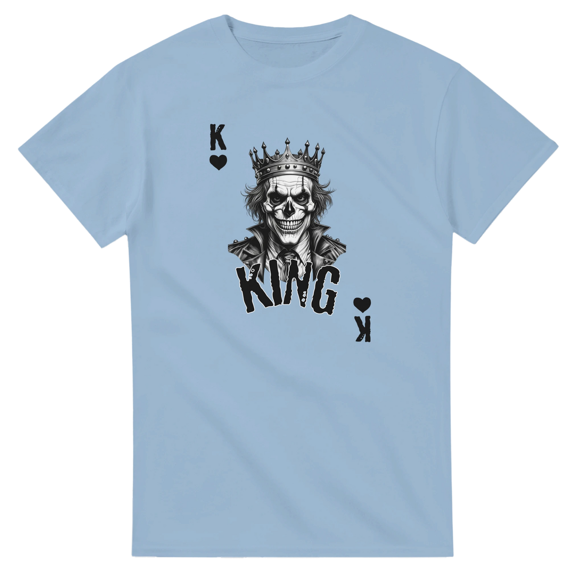 Light blue men's gothic streetwear tee featuring a King Skull poker card graphic with a crowned skeleton and leather jacket design.
