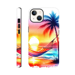 Vibrant tropical sunset iPhone case featuring a colorful palm tree and hammock over the ocean, designed for drop protection.